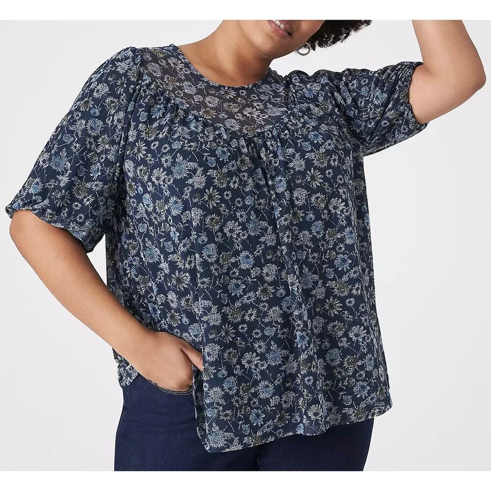 LANE BRYANT Puff Sleeve Crew Neck Mesh Blouse Women's Size 18/20 Navy Floral NWT